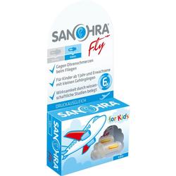 Verpackung von SANOHRA Fly Ohrstöpseln gegen Ohrenschmerzen beim Fliegen, für Kinder geeignet.