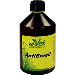 Braune Flasche mit gelbem Etikett, darauf steht "AntiSmell" von cdVet.