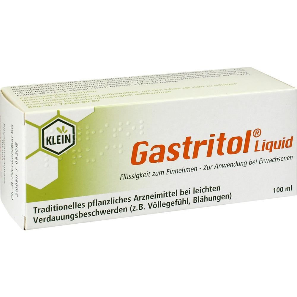 Packung von Gastritol Liquid, einem pflanzlichen Mittel bei Verdauungsbeschwerden.