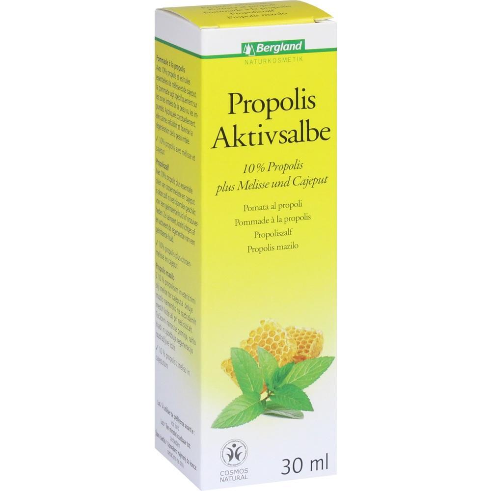 Gelbe Verpackung von Propolis Salbe mit Honigwaben und grünen Blättern.