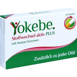 Weiße Verpackung von "Yokebe" mit 28 Kapseln für den Stoffwechsel.
