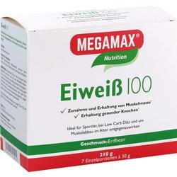Verpackung von "MEGAMAX Eiweiß 100" in Erdbeergeschmack für Muskelaufbau.